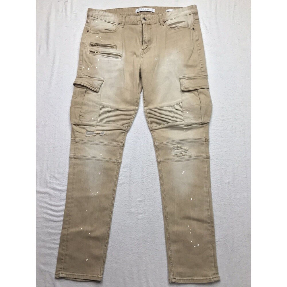 GUESS Jeans Men 36x32 Tan Moto Cargo Slim Taper Distressed Skater Biker